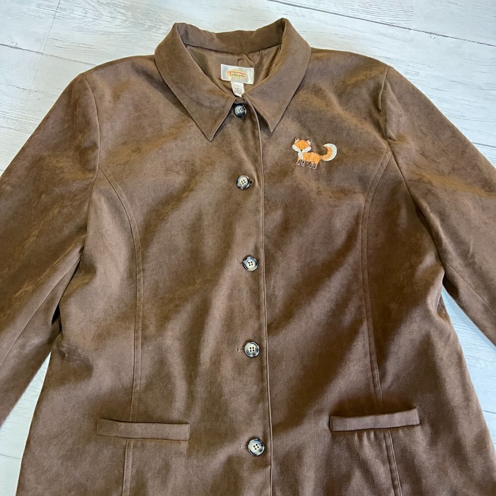 Talbots Blazer Jacket Womens Size Large Brown Suede Adorable Fox Patch Fall Wear - Picture 15 of 16